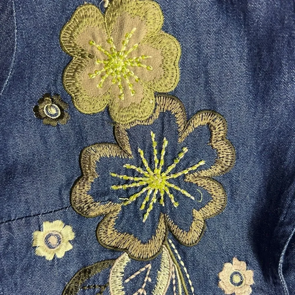 Tantrums Women's PS Blue Denim Floral Embroidered Beaded Blazer Jacket Cotton - Picture 10 of 14